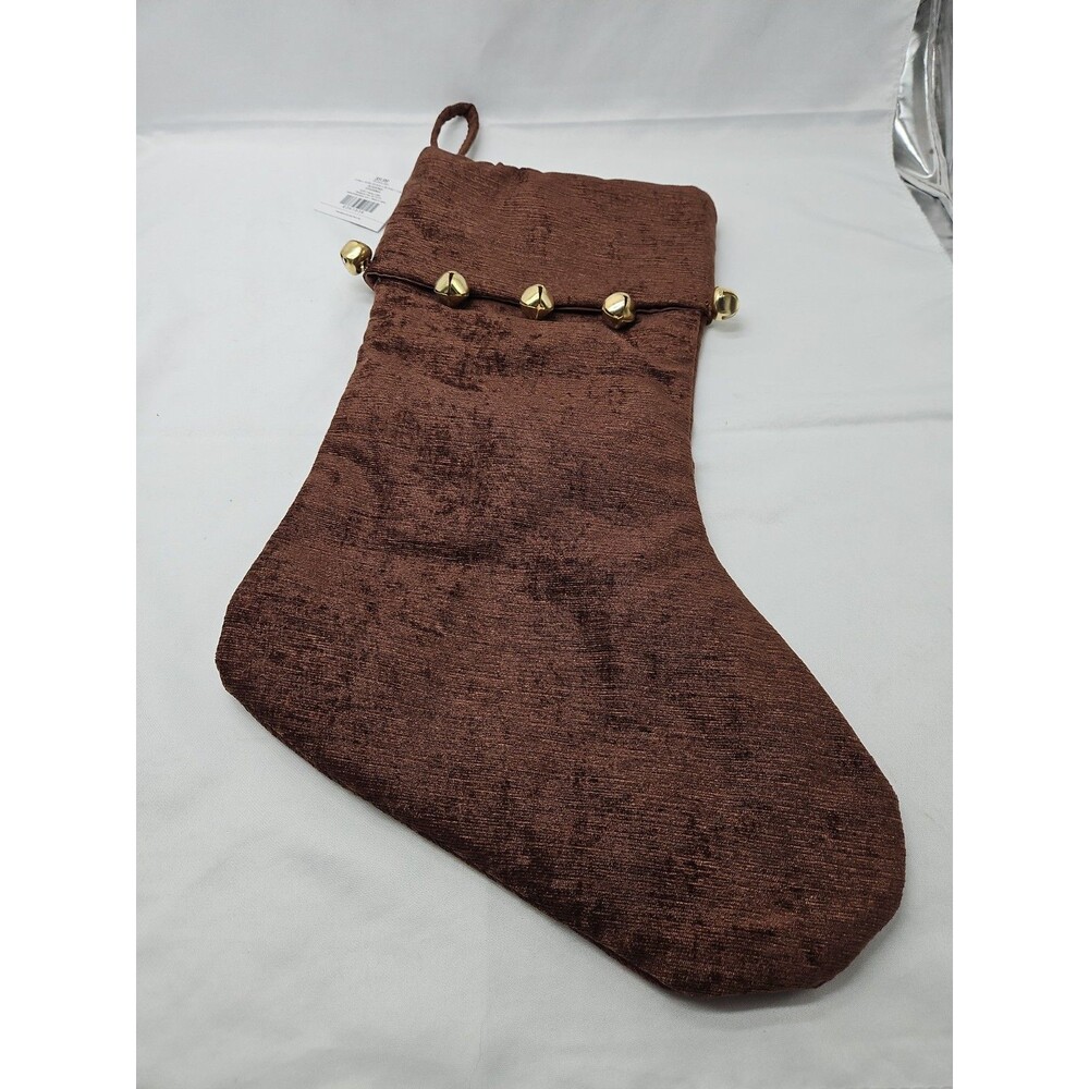 Hobby Lobby Brown Christmas Stocking With Gold Bells 17.5 x 10.5 inches
